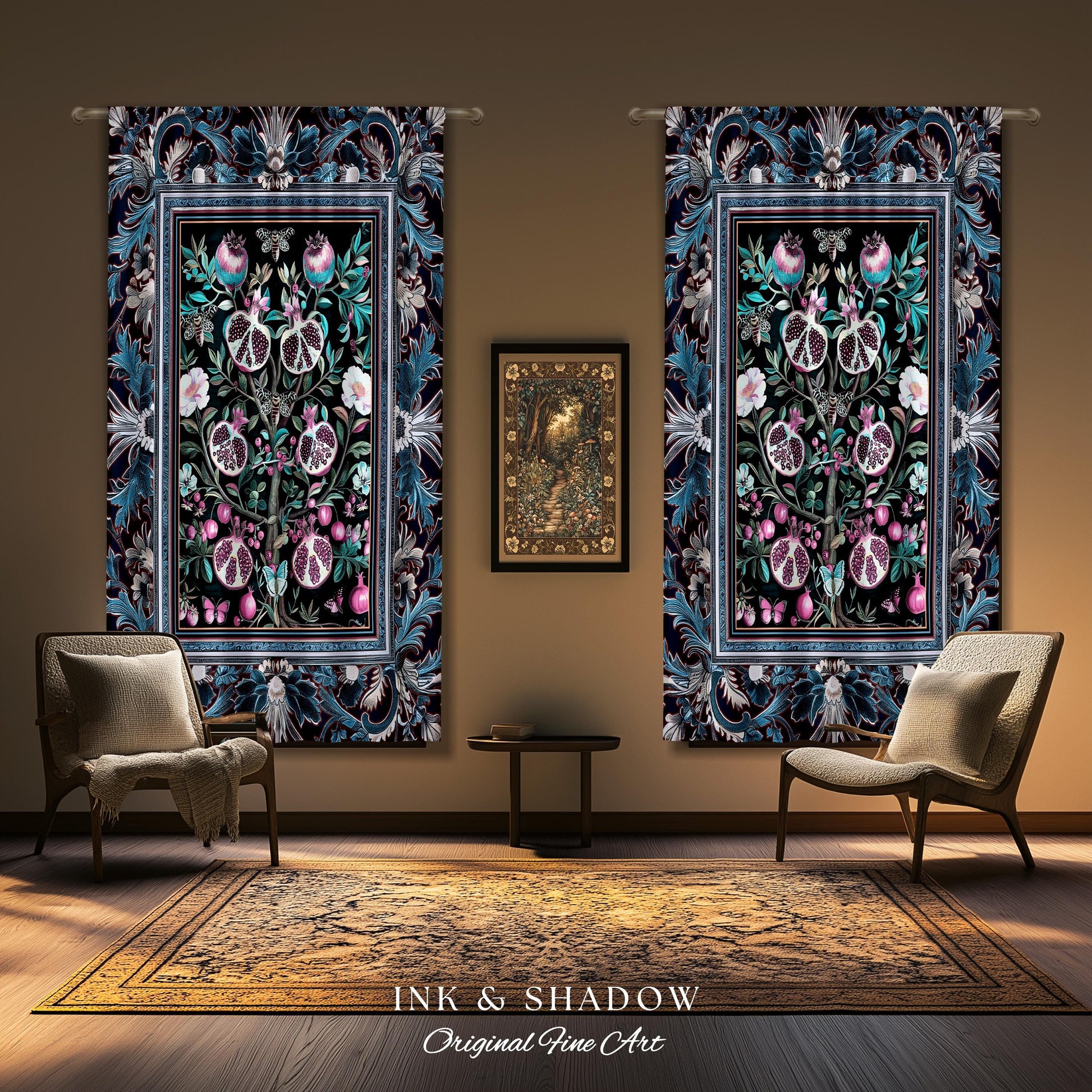 Enchanted Floral Pomegranate Curtain Whimsigothic Botanical Cottagecore Drapes, Dark Academia Decor Indigo Blue Art Nouveau Home Accents |