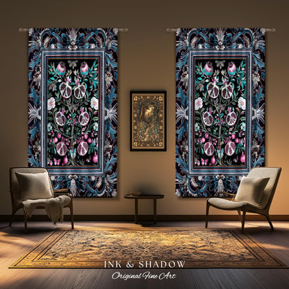 Enchanted Floral Pomegranate Curtain Whimsigothic Botanical Cottagecore Drapes, Dark Academia Decor Indigo Blue Art Nouveau Home Accents |