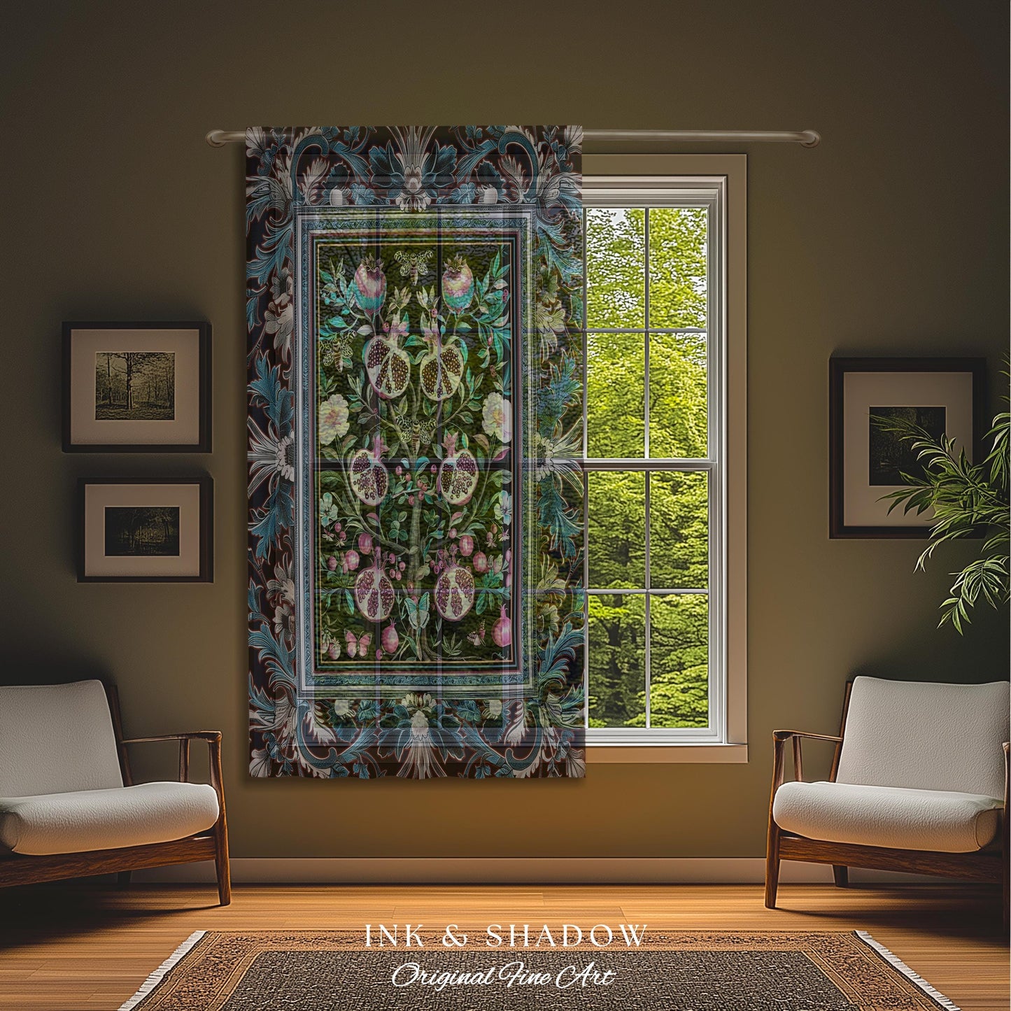 Enchanted Floral Pomegranate Curtain Whimsigothic Botanical Cottagecore Drapes, Dark Academia Decor Indigo Blue Art Nouveau Home Accents |