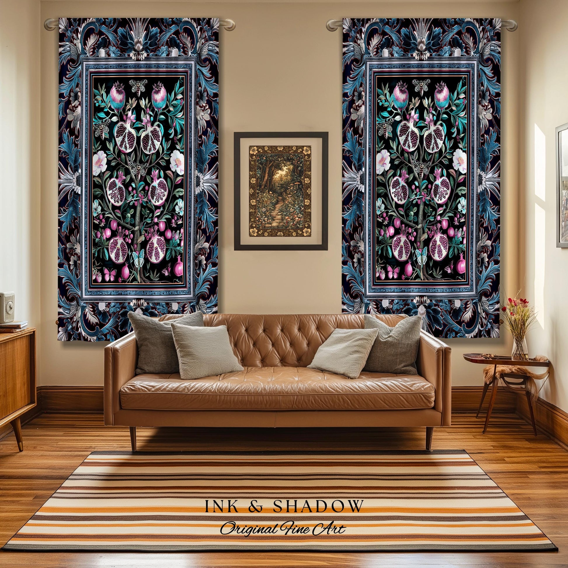 Enchanted Floral Pomegranate Curtain Whimsigothic Botanical Cottagecore Drapes, Dark Academia Decor Indigo Blue Art Nouveau Home Accents |