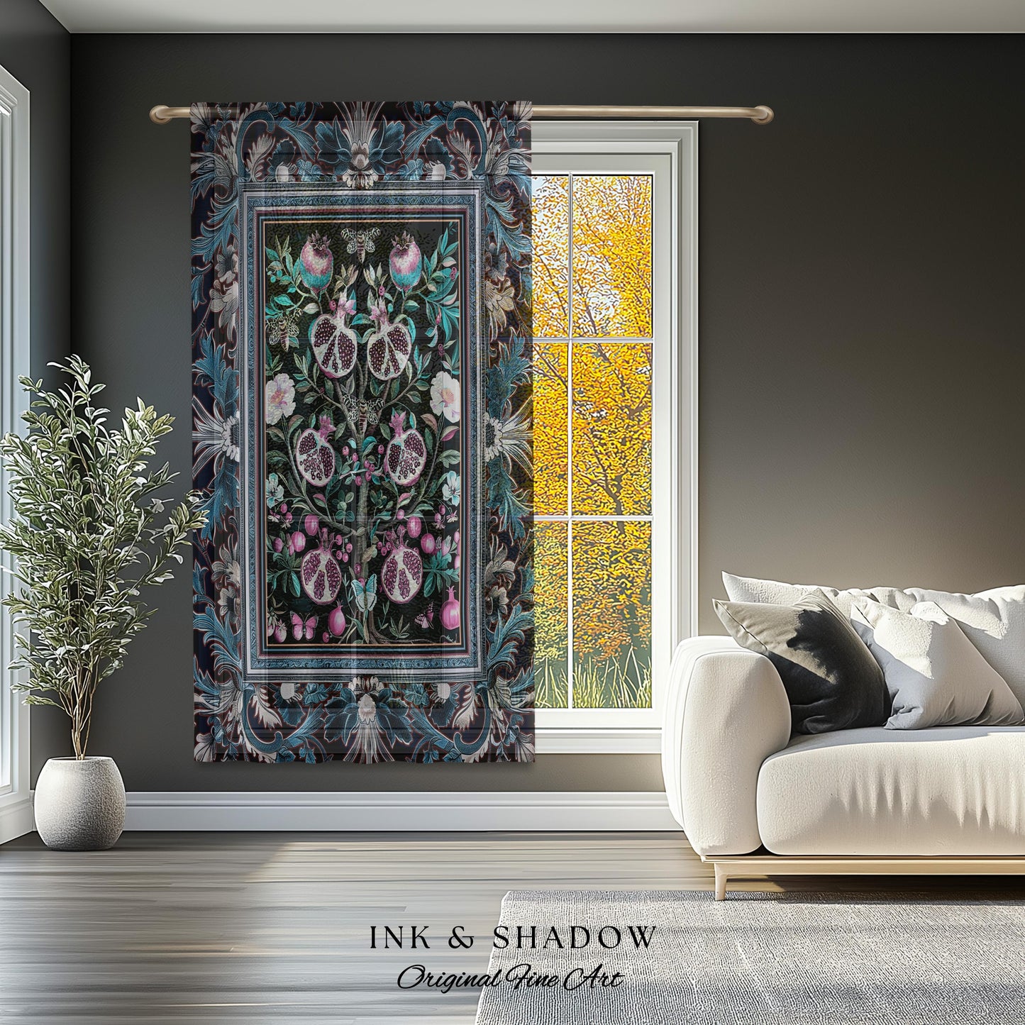 Enchanted Floral Pomegranate Curtain Whimsigothic Botanical Cottagecore Drapes, Dark Academia Decor Indigo Blue Art Nouveau Home Accents |