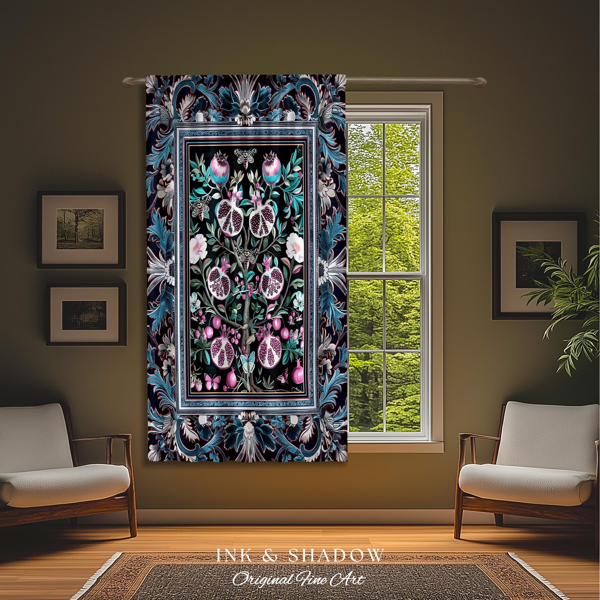 Enchanted Floral Pomegranate Curtain Whimsigothic Botanical Cottagecore Drapes, Dark Academia Decor Indigo Blue Art Nouveau Home Accents |