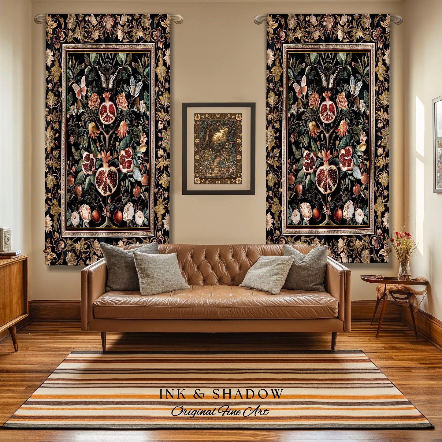 Victorian Gothic Pomegranate Curtains Dark Botanical Vintage Aesthetic Decor | Enchanted Forest Wildflower Art Butterfly Drapes Woodland |