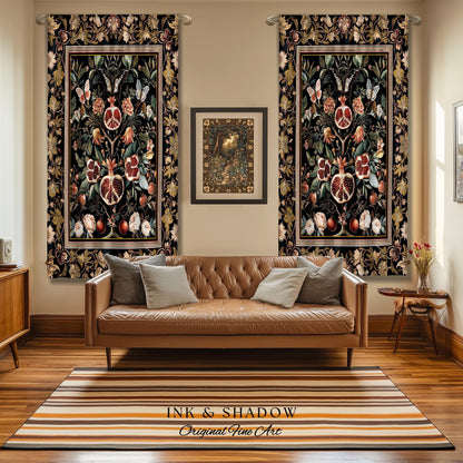 Victorian Gothic Pomegranate Curtains Dark Botanical Vintage Aesthetic Decor | Enchanted Forest Wildflower Art Butterfly Drapes Woodland |