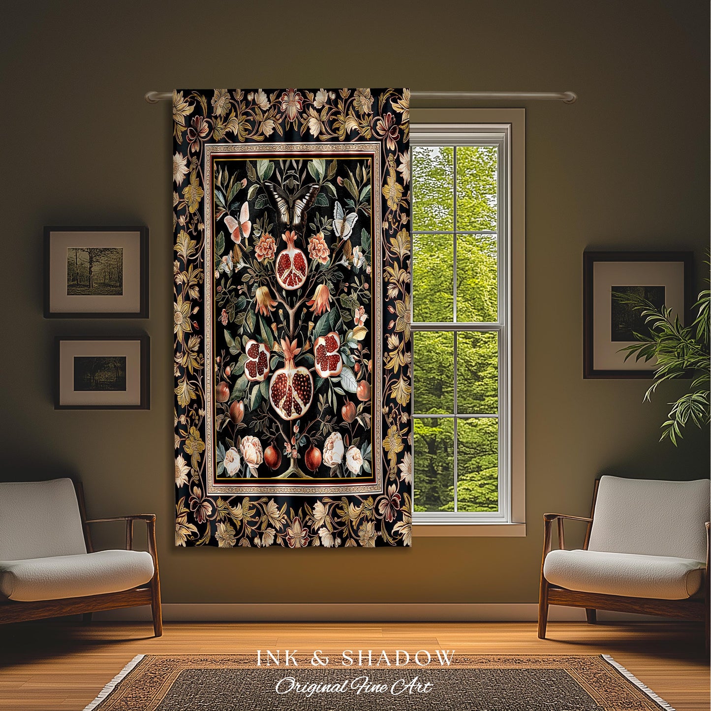 Victorian Gothic Pomegranate Curtains Dark Botanical Vintage Aesthetic Decor | Enchanted Forest Wildflower Art Butterfly Drapes Woodland |