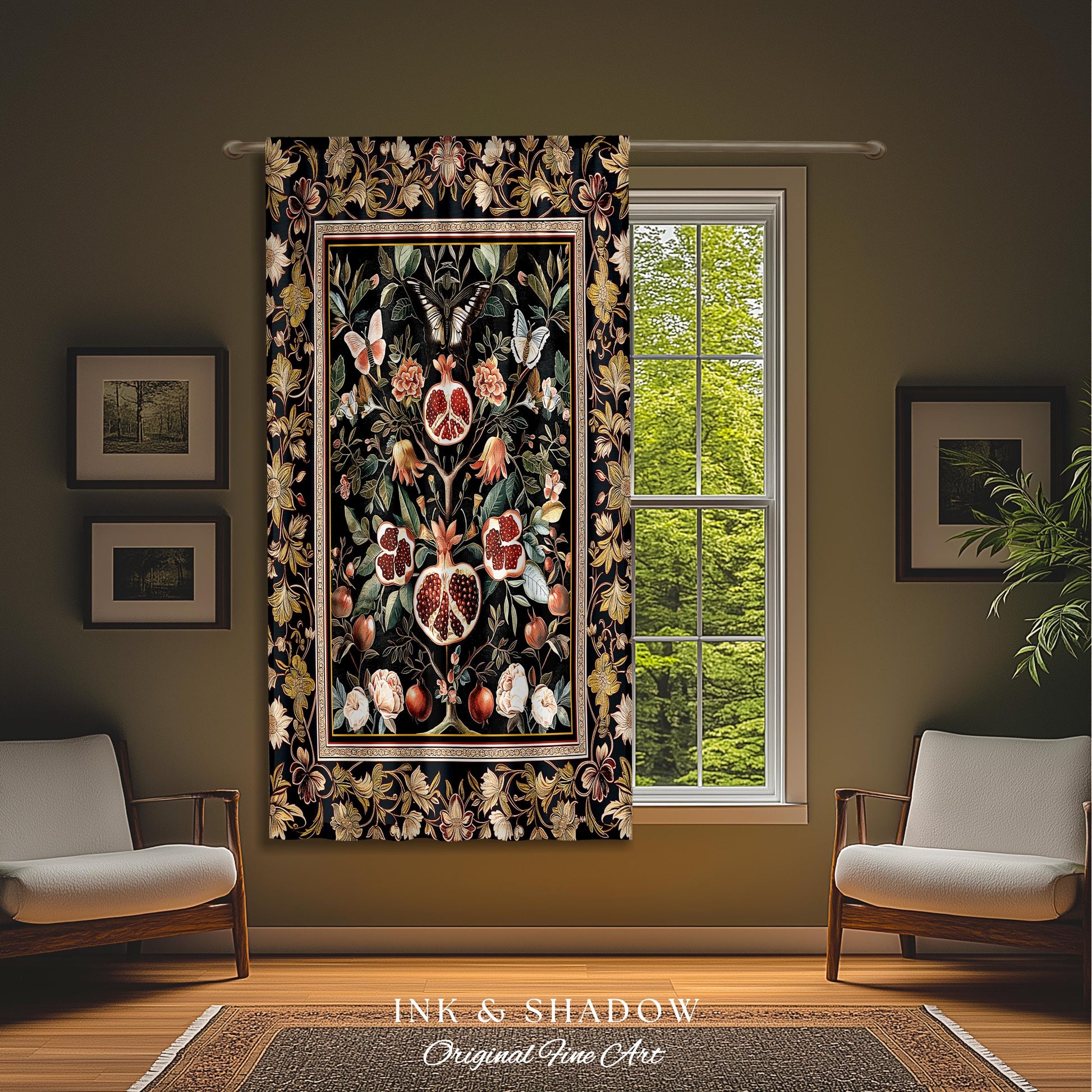 Victorian Gothic Pomegranate Curtains Dark Botanical Vintage Aesthetic Decor | Enchanted Forest Wildflower Art Butterfly Drapes Woodland |