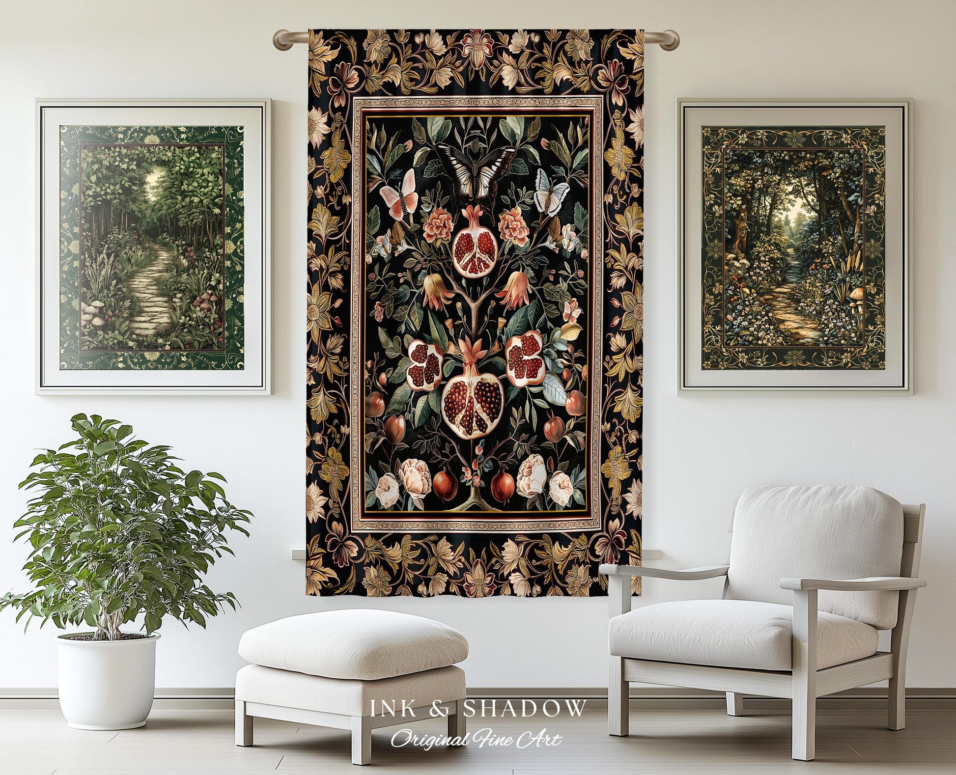 Victorian Gothic Pomegranate Curtains Dark Botanical Vintage Aesthetic Decor | Enchanted Forest Wildflower Art Butterfly Drapes Woodland |