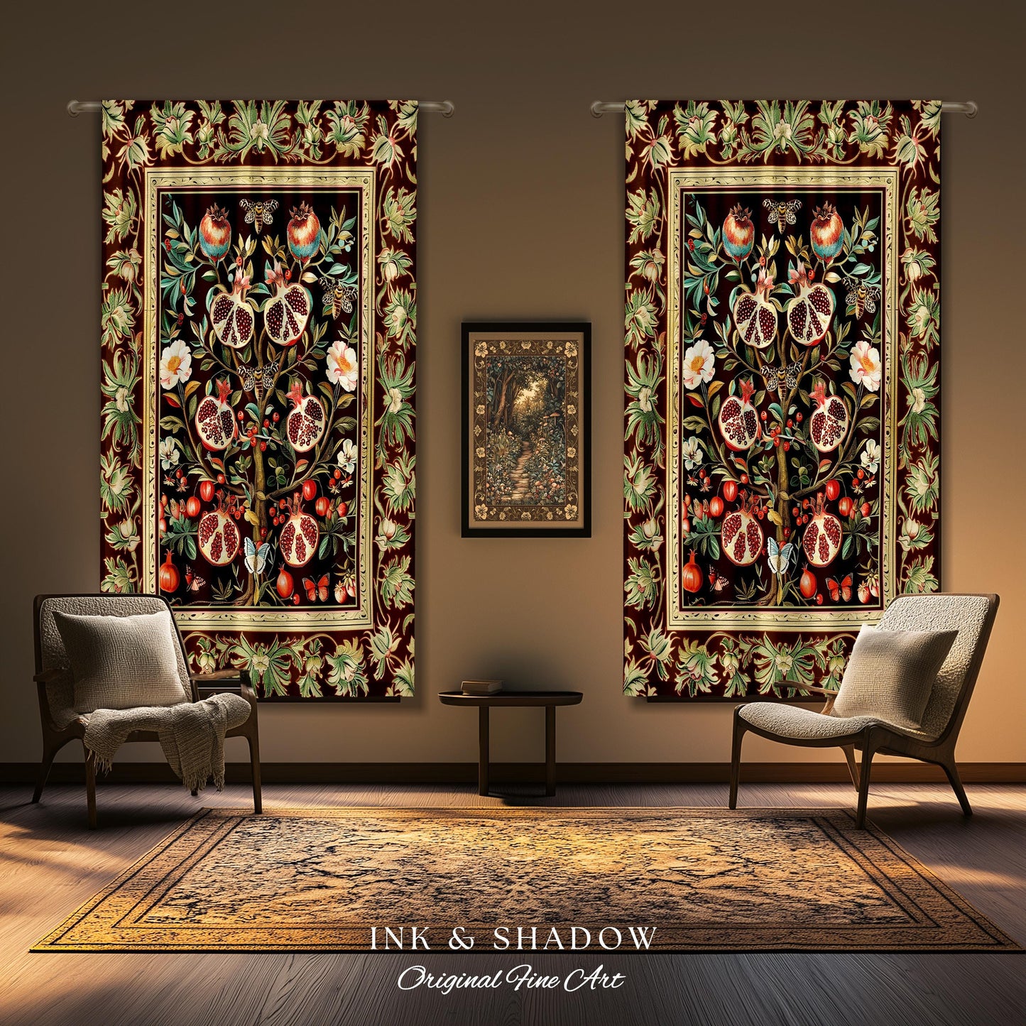Antique Aesthetic Pomegranate Curtain Enchanted Garden Inspired Drapes | Dark Cottagecore Gothic Woodland Whimsy Floral Butterfly Moth Decor