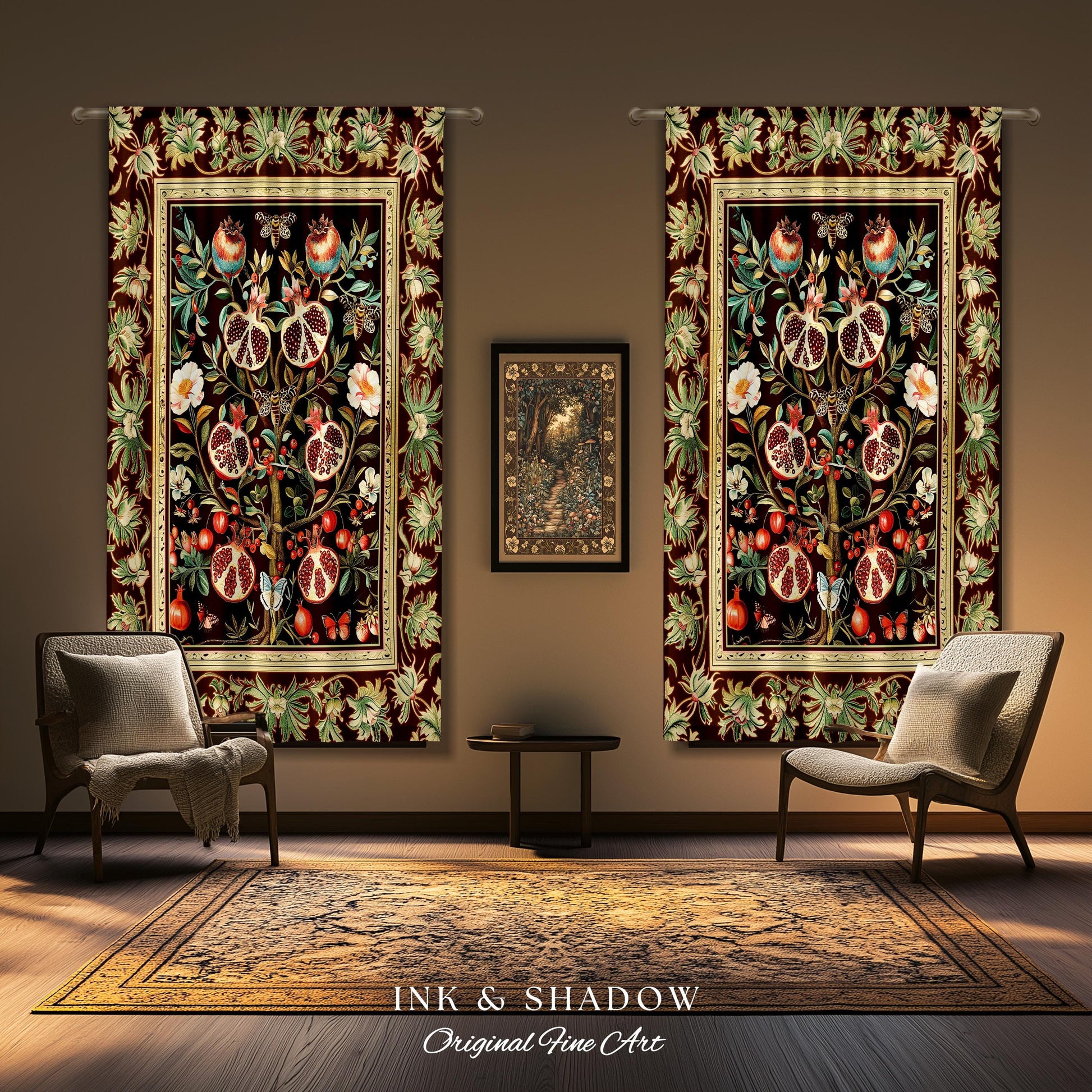Antique Aesthetic Pomegranate Curtain Enchanted Garden Inspired Drapes | Dark Cottagecore Gothic Woodland Whimsy Floral Butterfly Moth Decor