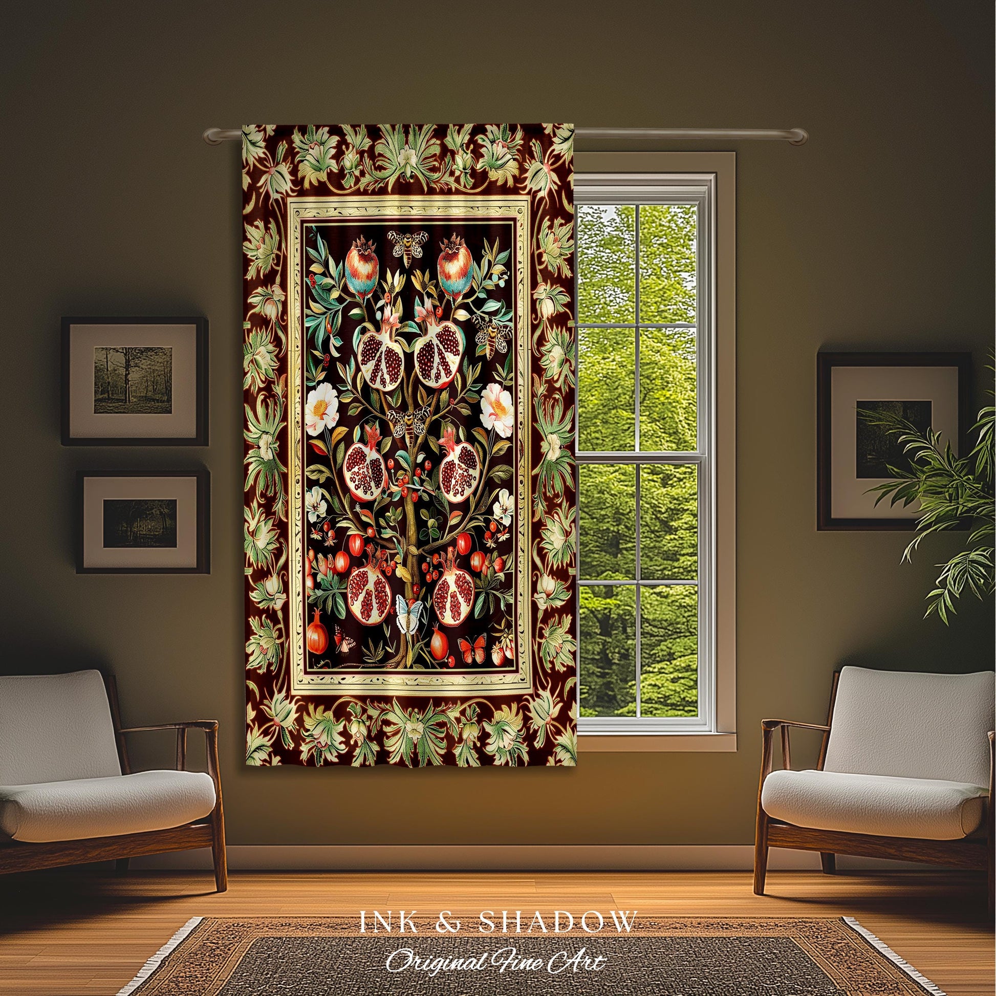 Antique Aesthetic Pomegranate Curtain Enchanted Garden Inspired Drapes | Dark Cottagecore Gothic Woodland Whimsy Floral Butterfly Moth Decor