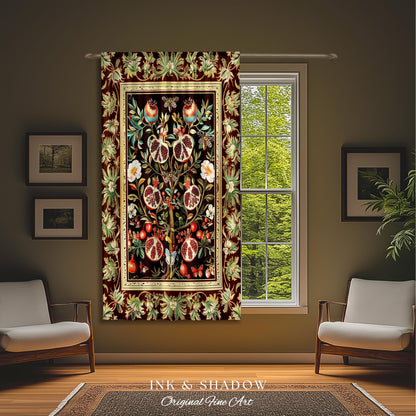 Antique Aesthetic Pomegranate Curtain Enchanted Garden Inspired Drapes | Dark Cottagecore Gothic Woodland Whimsy Floral Butterfly Moth Decor