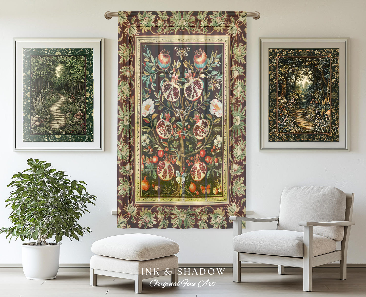 Antique Aesthetic Pomegranate Curtain Enchanted Garden Inspired Drapes | Dark Cottagecore Gothic Woodland Whimsy Floral Butterfly Moth Decor