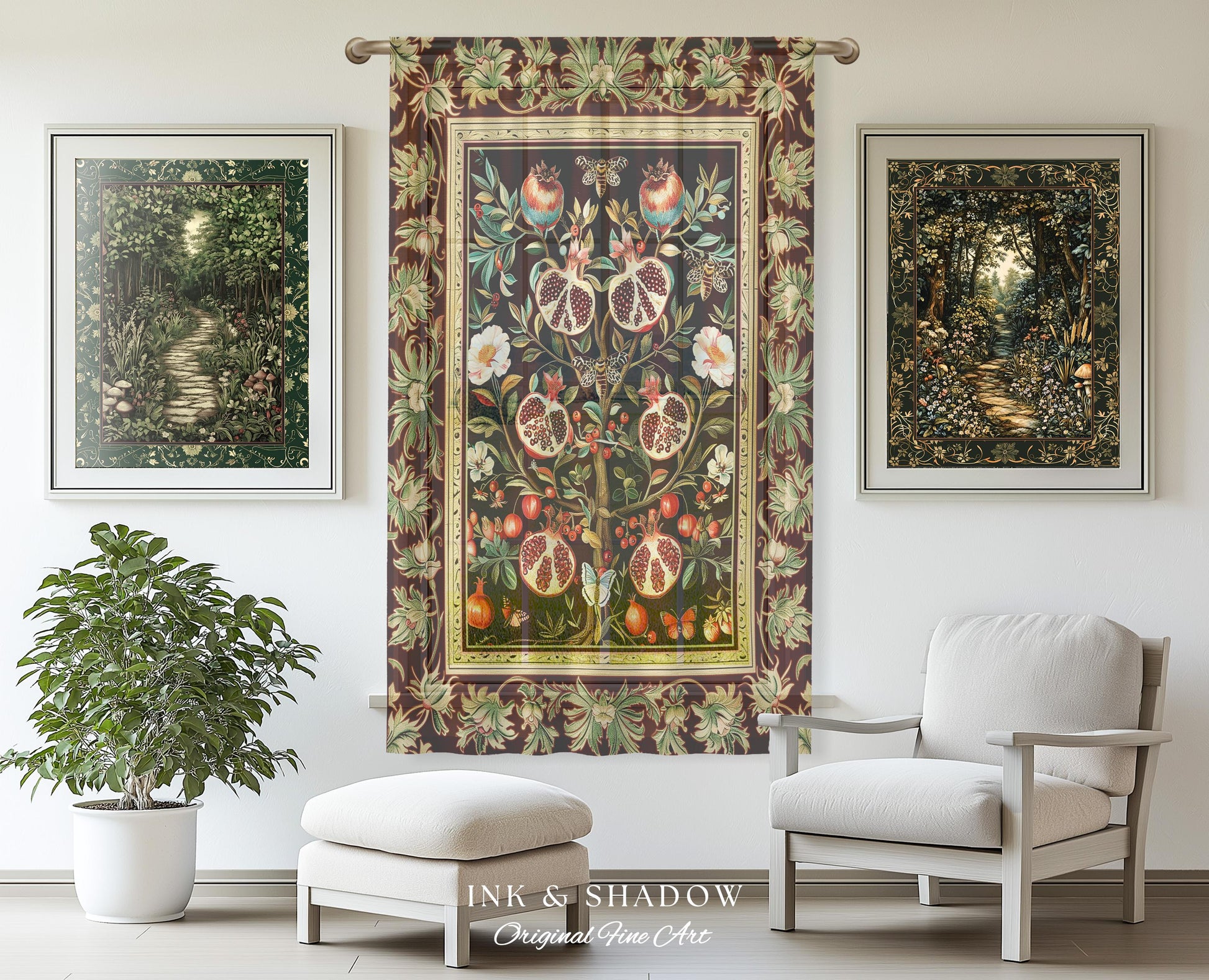 Antique Aesthetic Pomegranate Curtain Enchanted Garden Inspired Drapes | Dark Cottagecore Gothic Woodland Whimsy Floral Butterfly Moth Decor