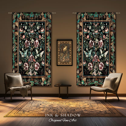 Mystical Pomegranate Forestcore Design Curtain Whimsical Nature Inspired Botanical Cottagecore Decor, Vintage Woodland Gothic Drapes Magical