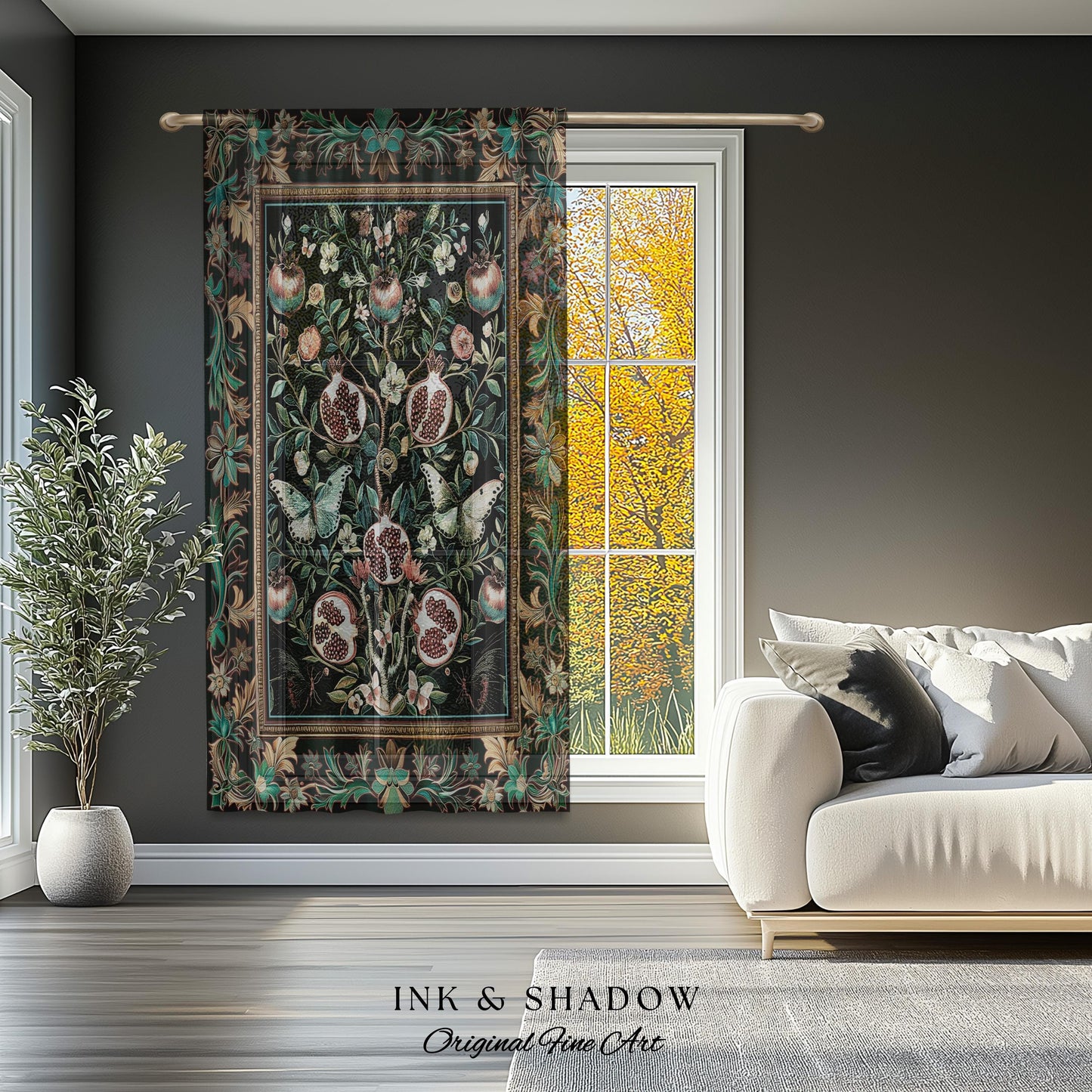 Mystical Pomegranate Forestcore Design Curtain Whimsical Nature Inspired Botanical Cottagecore Decor, Vintage Woodland Gothic Drapes Magical