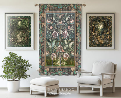 Mystical Pomegranate Forestcore Design Curtain Whimsical Nature Inspired Botanical Cottagecore Decor, Vintage Woodland Gothic Drapes Magical