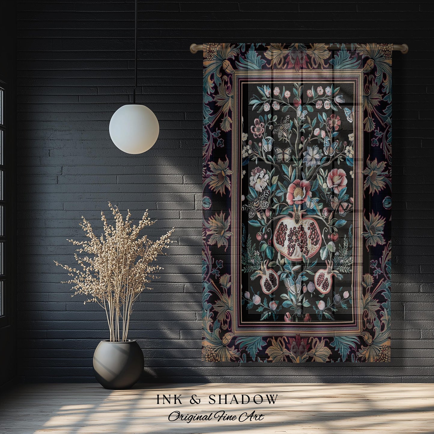 Witchy Dark Academia Pomegranate Curtain Whimsigothic Floral Home Decor, Enchanted Cottagecore Drapes Victorian Gothic Dark Nature Accent |