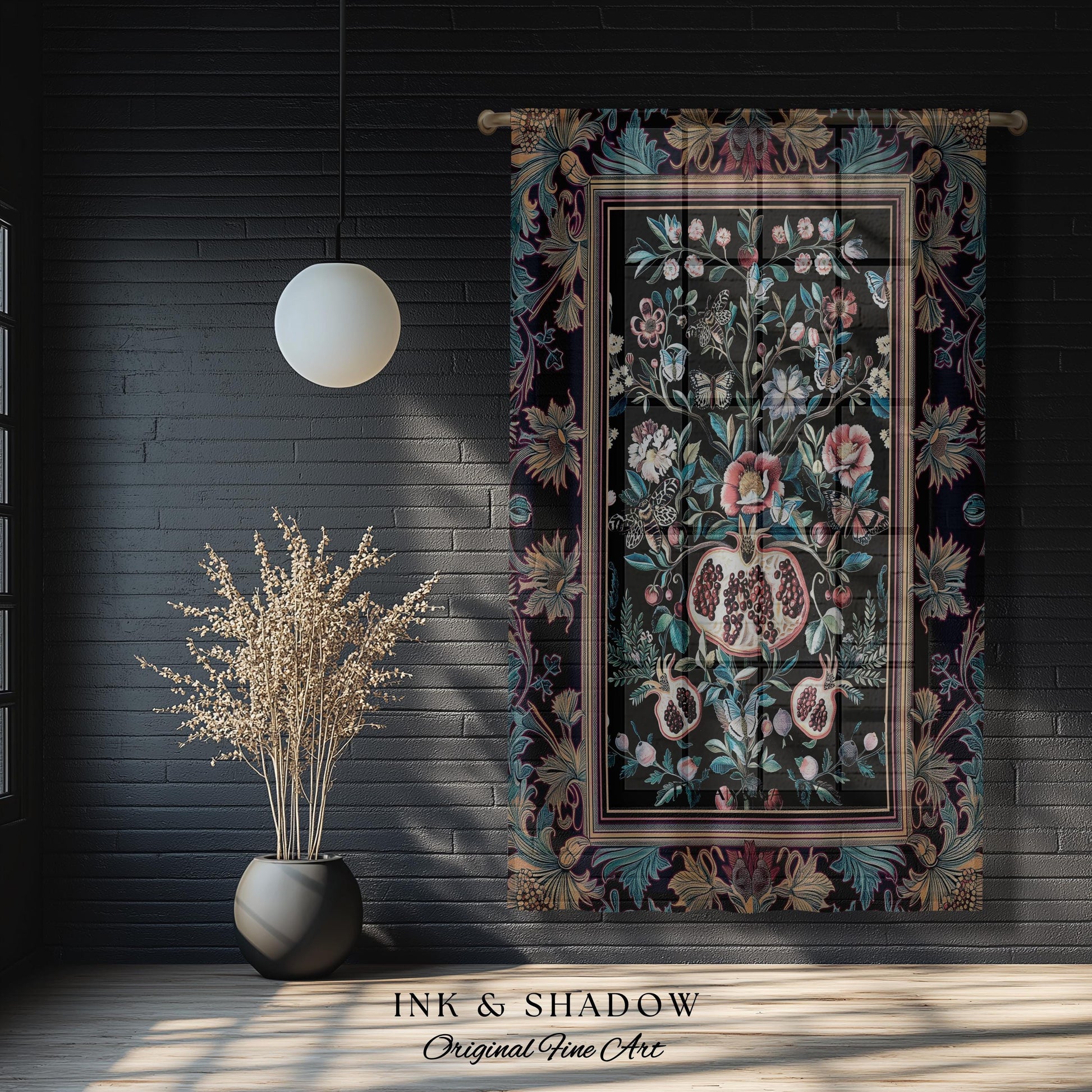 Witchy Dark Academia Pomegranate Curtain Whimsigothic Floral Home Decor, Enchanted Cottagecore Drapes Victorian Gothic Dark Nature Accent |