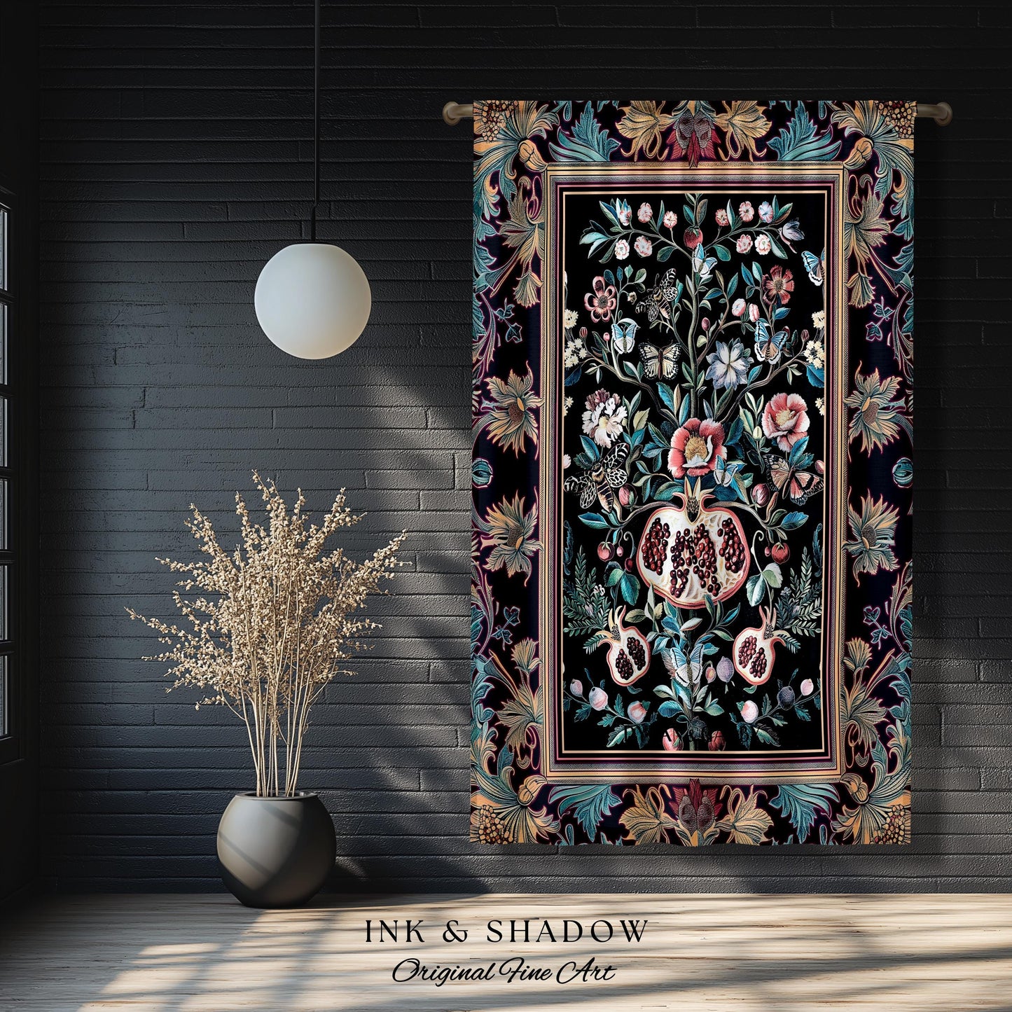 Witchy Dark Academia Pomegranate Curtain Whimsigothic Floral Home Decor, Enchanted Cottagecore Drapes Victorian Gothic Dark Nature Accent |