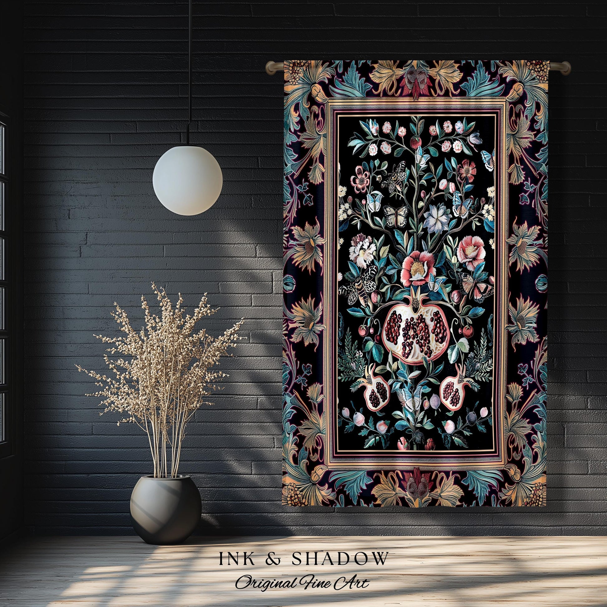 Witchy Dark Academia Pomegranate Curtain Whimsigothic Floral Home Decor, Enchanted Cottagecore Drapes Victorian Gothic Dark Nature Accent |