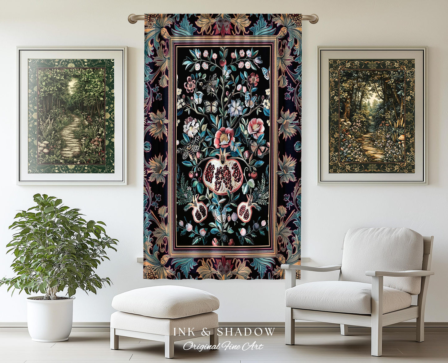 Witchy Dark Academia Pomegranate Curtain Whimsigothic Floral Home Decor, Enchanted Cottagecore Drapes Victorian Gothic Dark Nature Accent |