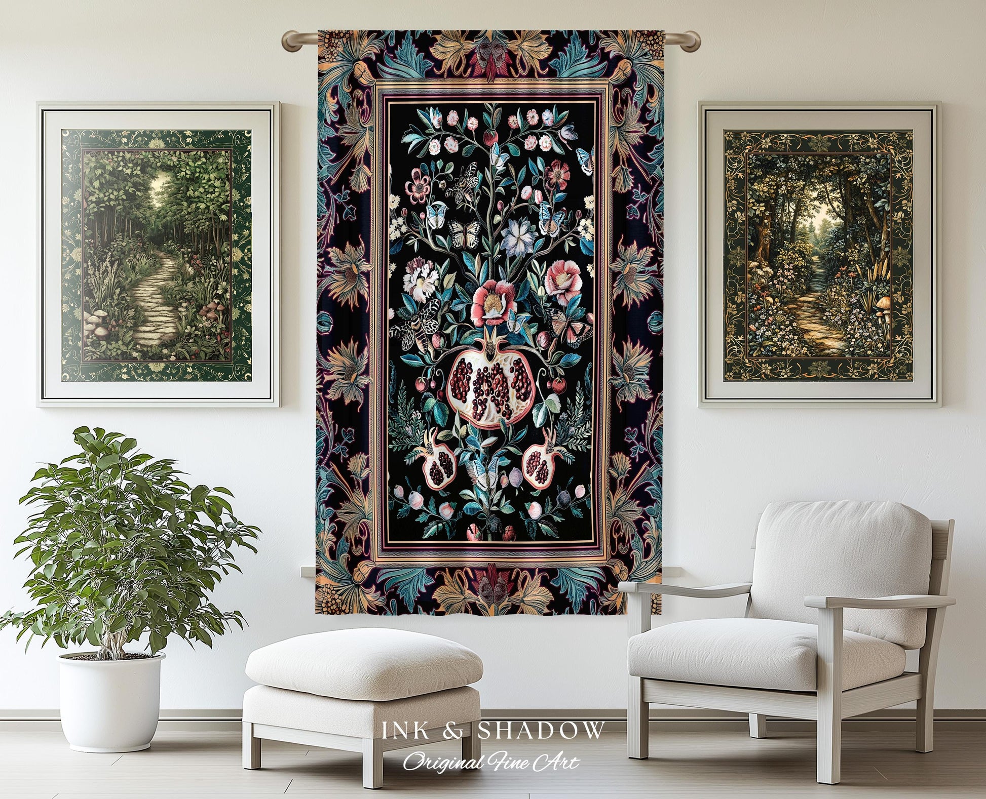 Witchy Dark Academia Pomegranate Curtain Whimsigothic Floral Home Decor, Enchanted Cottagecore Drapes Victorian Gothic Dark Nature Accent |