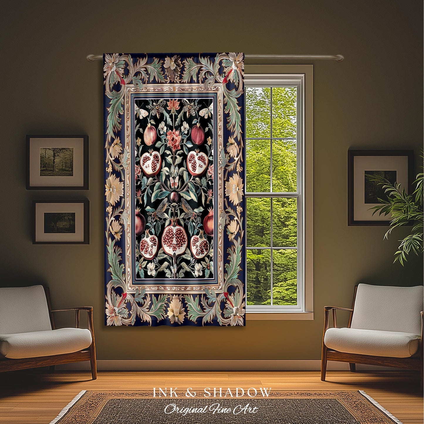 Baroque Botanical Pomegranate Curtain | Dark Floral Whimsigoth Butterfly Nature Curtains Cottagecore Medieval Style Drapes Fairycore Style