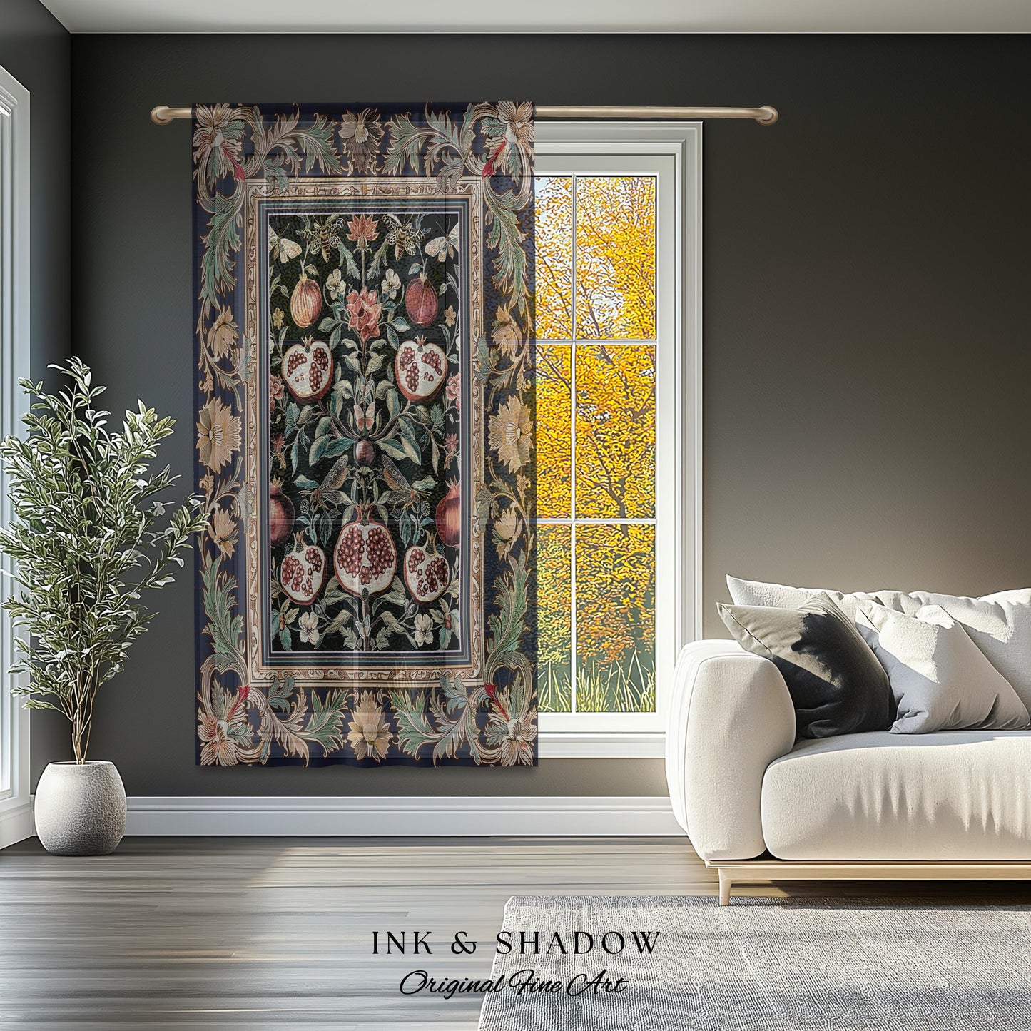 Baroque Botanical Pomegranate Curtain | Dark Floral Whimsigoth Butterfly Nature Curtains Cottagecore Medieval Style Drapes Fairycore Style
