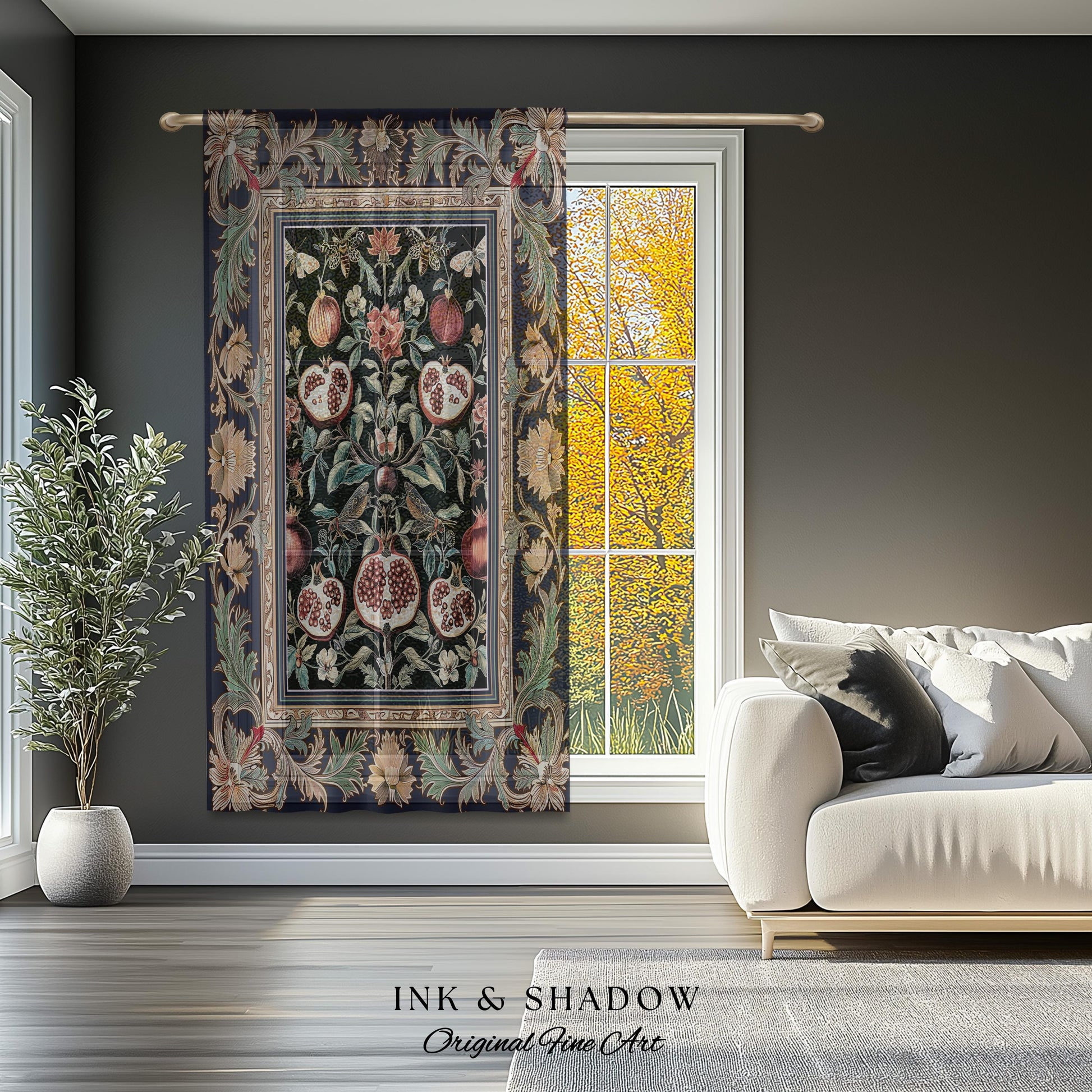 Baroque Botanical Pomegranate Curtain | Dark Floral Whimsigoth Butterfly Nature Curtains Cottagecore Medieval Style Drapes Fairycore Style