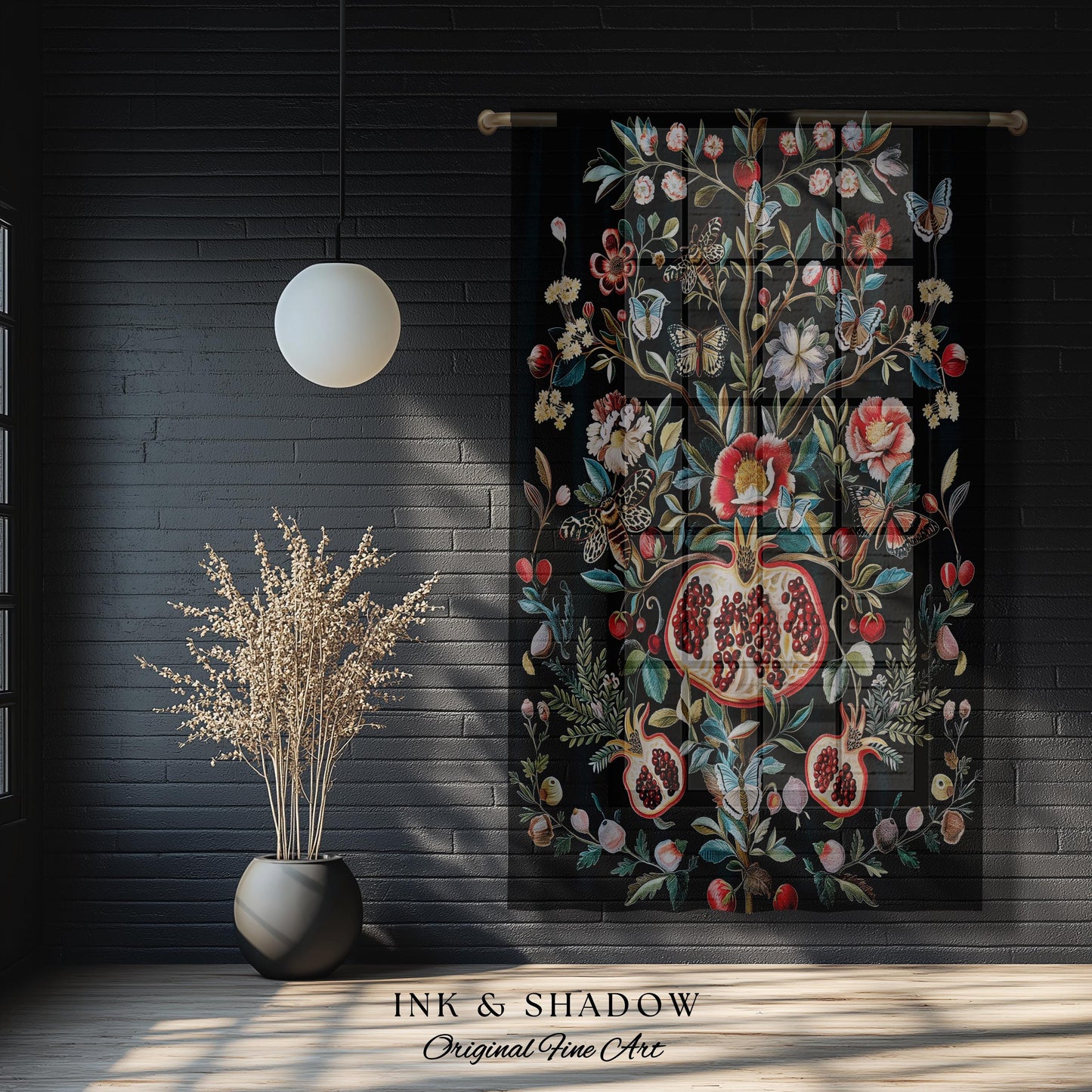 Fairycore Pomegranate Curtains Enchanted Woodland Drapes | Whimsical Cottagecore Butterfly Moth Vintage Aesthetic Dark Floral Decor Gothic |