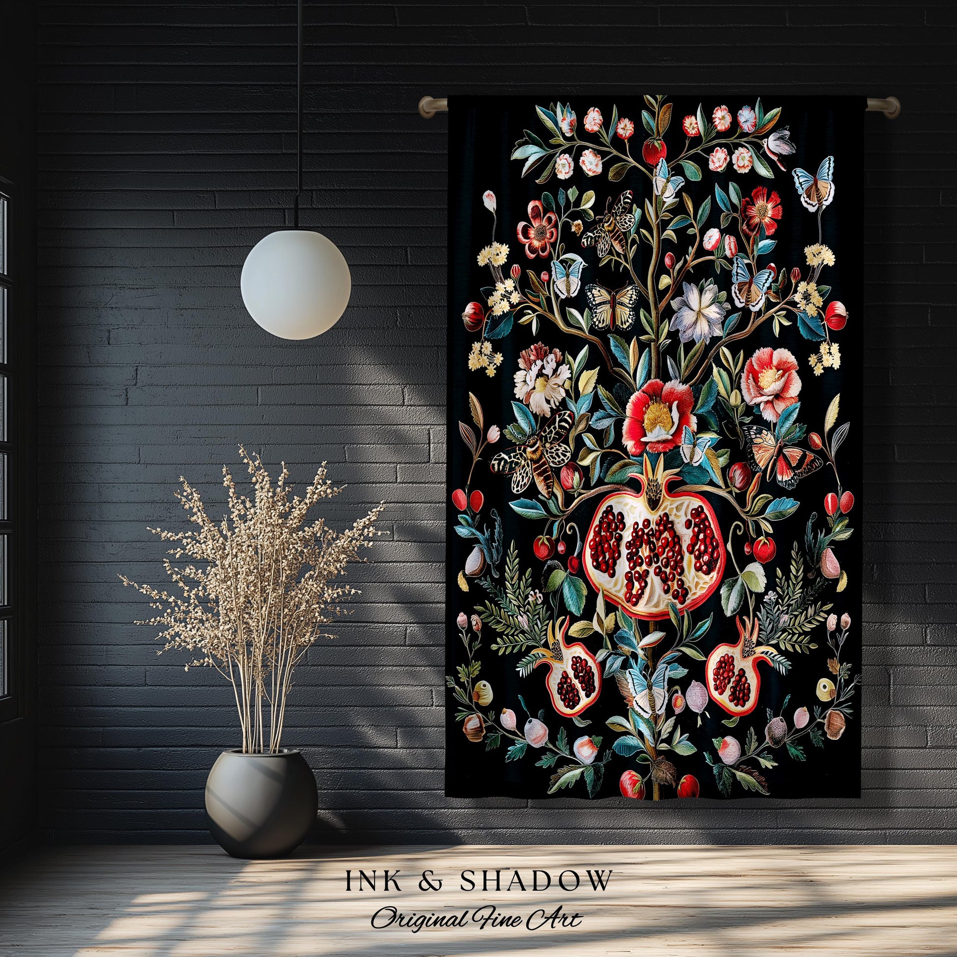 Fairycore Pomegranate Curtains Enchanted Woodland Drapes | Whimsical Cottagecore Butterfly Moth Vintage Aesthetic Dark Floral Decor Gothic |