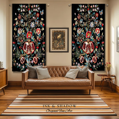 Fairycore Pomegranate Curtains Enchanted Woodland Drapes | Whimsical Cottagecore Butterfly Moth Vintage Aesthetic Dark Floral Decor Gothic |