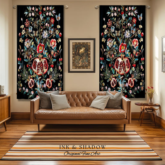 Fairycore Pomegranate Curtains Enchanted Woodland Drapes | Whimsical Cottagecore Butterfly Moth Vintage Aesthetic Dark Floral Decor Gothic |