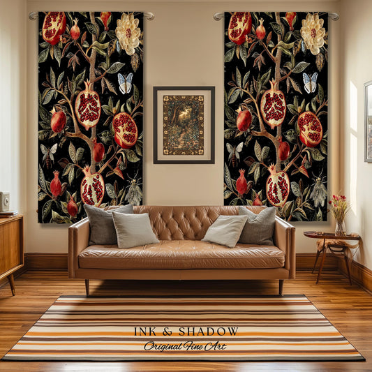 Gothic Pomegranate Curtains Mystical Botanical Drapes | Baroque Inspired Dark Academia Floral Butterfly Fruit Whimsigothic Window Decor |