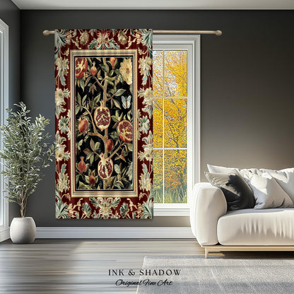 Floral Whimsigoth Vintage Pomegranate Art Nature Curtains Cottagegoth Botanical Baroque Elegance, Medieval Style Forestcore Drapes Whimsical