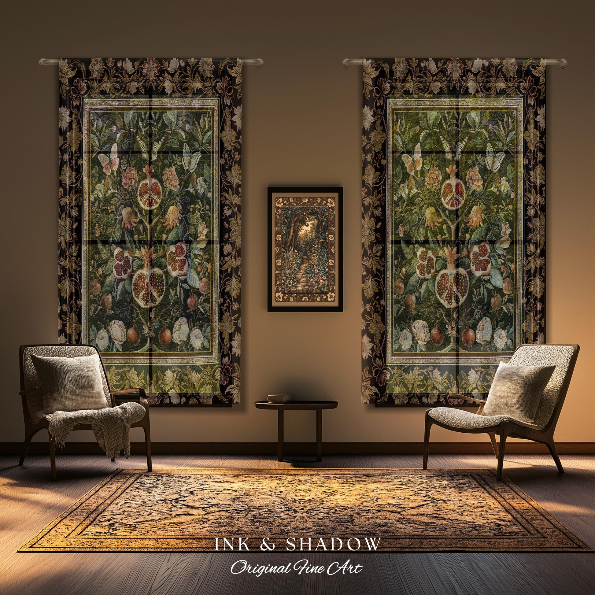 Victorian Gothic Pomegranate Curtains Dark Botanical Vintage Aesthetic Decor | Enchanted Forest Wildflower Art Butterfly Drapes Woodland |