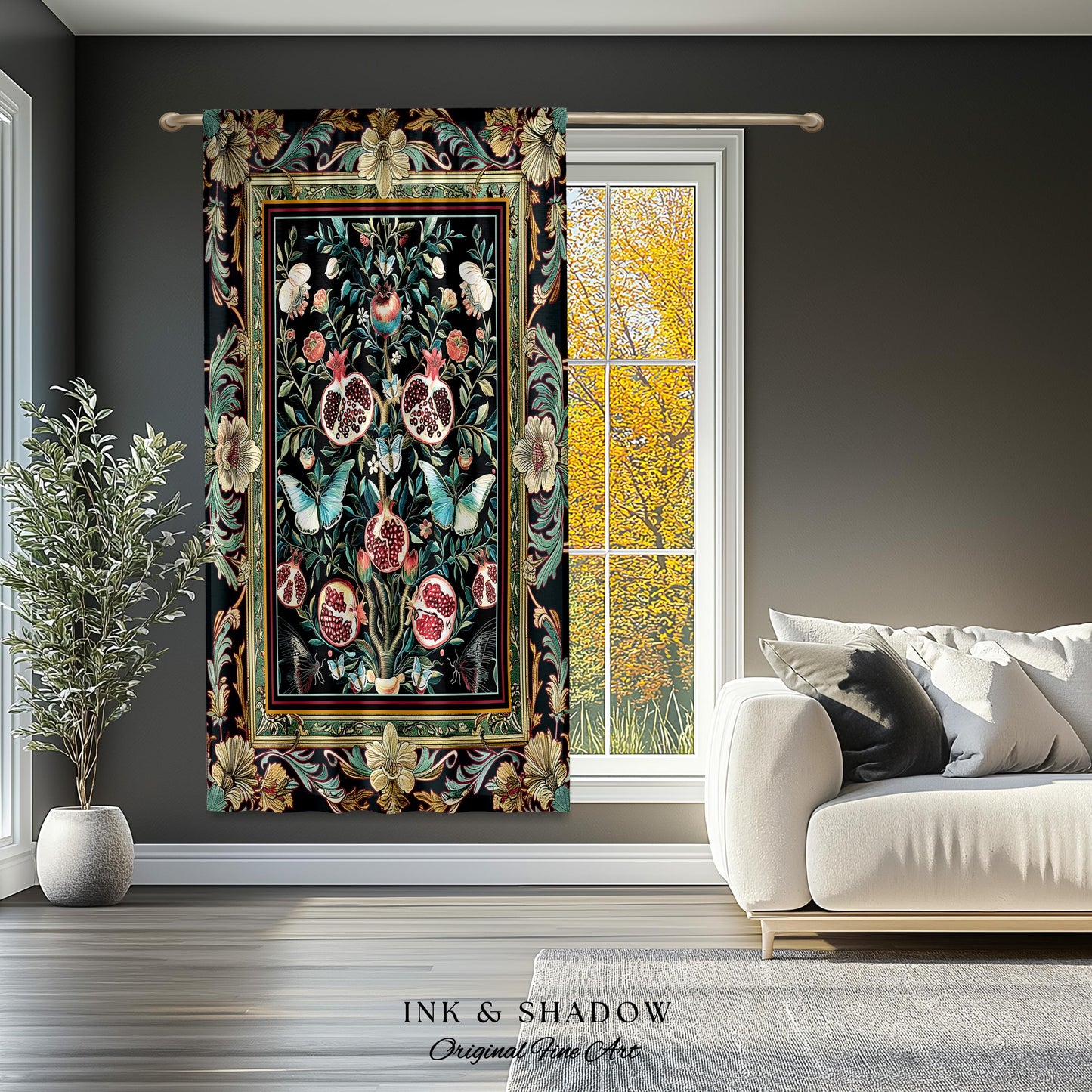 Baroque Botanical Pomegranate Butterfly Curtain Nature Inspired Fairy Forestcore Art, Floral Victorian Gothic Woodland Whimsy Moth Drapes