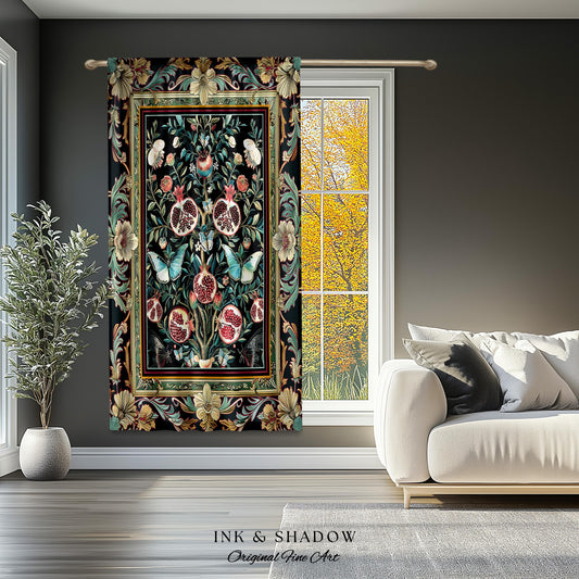 Baroque Botanical Pomegranate Butterfly Curtain Nature Inspired Fairy Forestcore Art, Floral Victorian Gothic Woodland Whimsy Moth Drapes