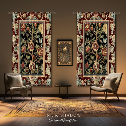 Floral Whimsigoth Vintage Pomegranate Art Nature Curtains Cottagegoth Botanical Baroque Elegance, Medieval Style Forestcore Drapes Whimsical