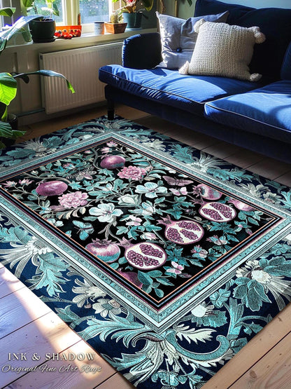 Bohemian Art Nouveau Style Mystic Fairy Grunge Forestcore Pomegranate Rug, Ethereal Woodland Floral Botanical Butterfly Cottagecore Whimsy