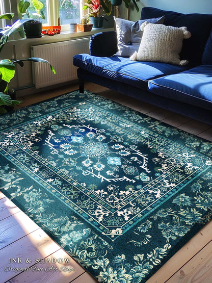 Deep Sea Green Room Accent Rug | Classic Ornate Statement Rug With Blue Green Detail Bohemian Mandala Aesthetic For Cozy Hippie Room Boho |