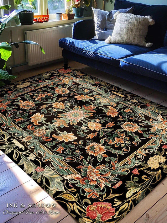 Peachy Floral Area Rug | Dark Floral Woodland Living Room Home Decor Rustic Housewarming Gift Cottagecore Earth Tone Bedroom Floor Mat |