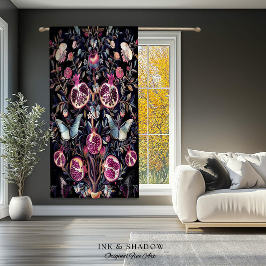 Whimsical Pomegranate Curtain Enchanted Woodland | Dark Academia Vintage Floral Aesthetic Butterfly Art Ethereal Decor Colorful Drapes Boho