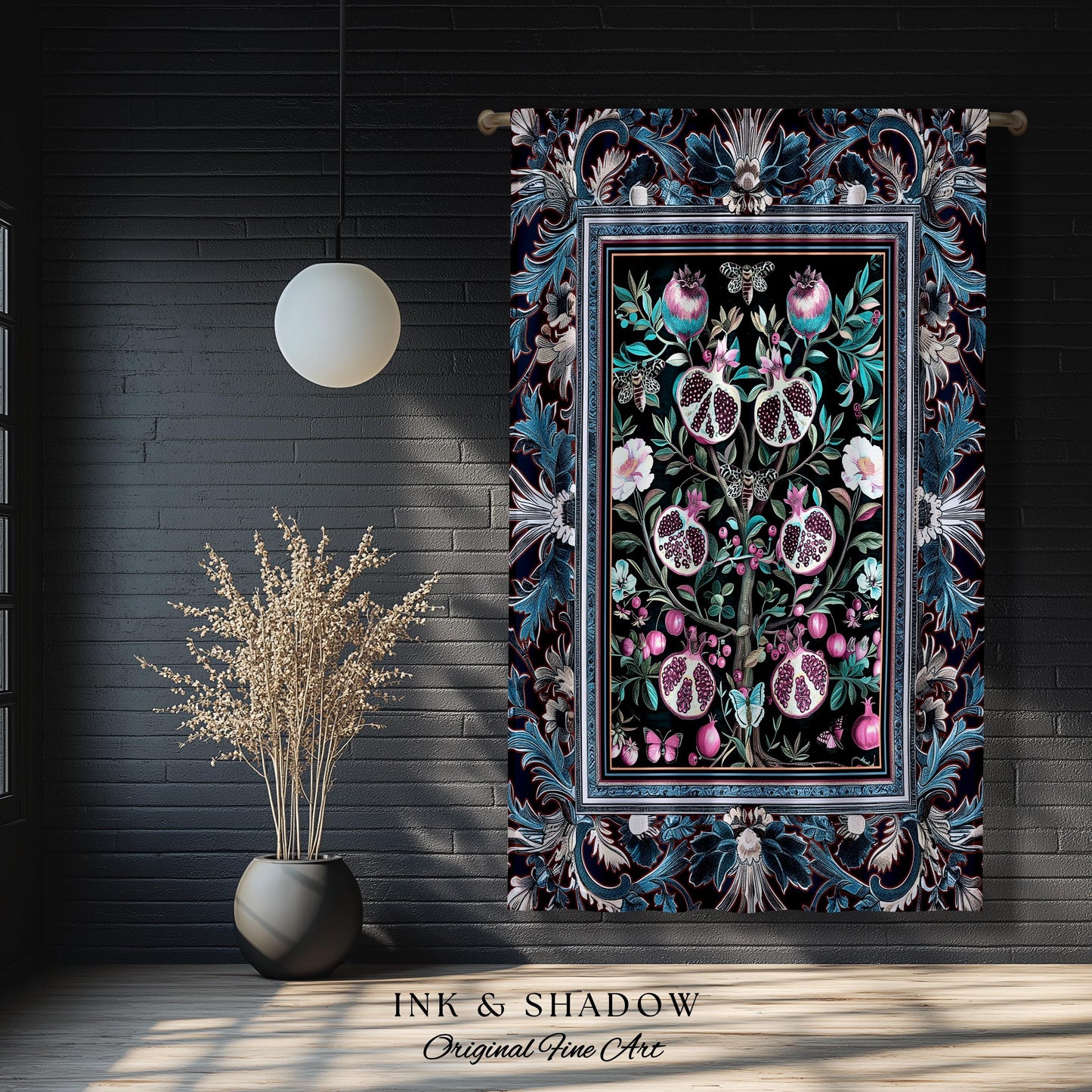 Enchanted Floral Pomegranate Curtain Whimsigothic Botanical Cottagecore Drapes, Dark Academia Decor Indigo Blue Art Nouveau Home Accents |