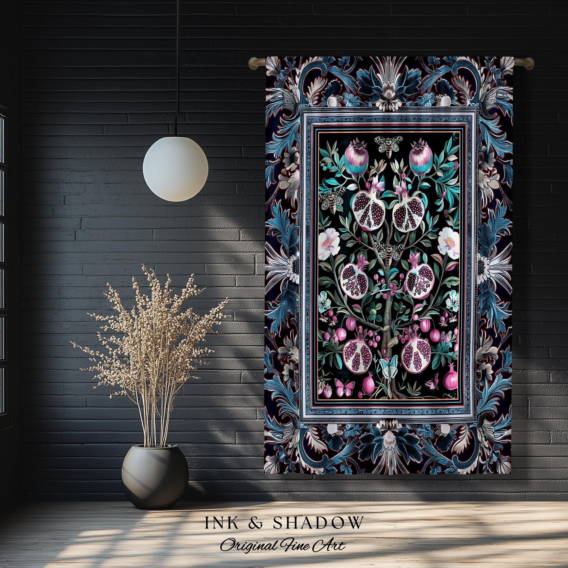Enchanted Floral Pomegranate Curtain Whimsigothic Botanical Cottagecore Drapes, Dark Academia Decor Indigo Blue Art Nouveau Home Accents |