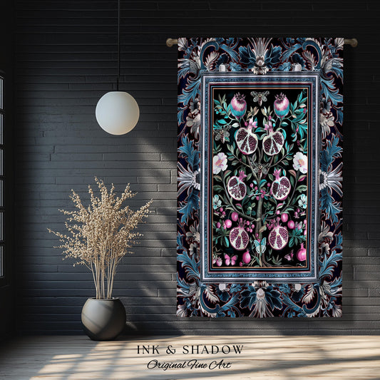 Enchanted Floral Pomegranate Curtain Whimsigothic Botanical Cottagecore Drapes, Dark Academia Decor Indigo Blue Art Nouveau Home Accents |