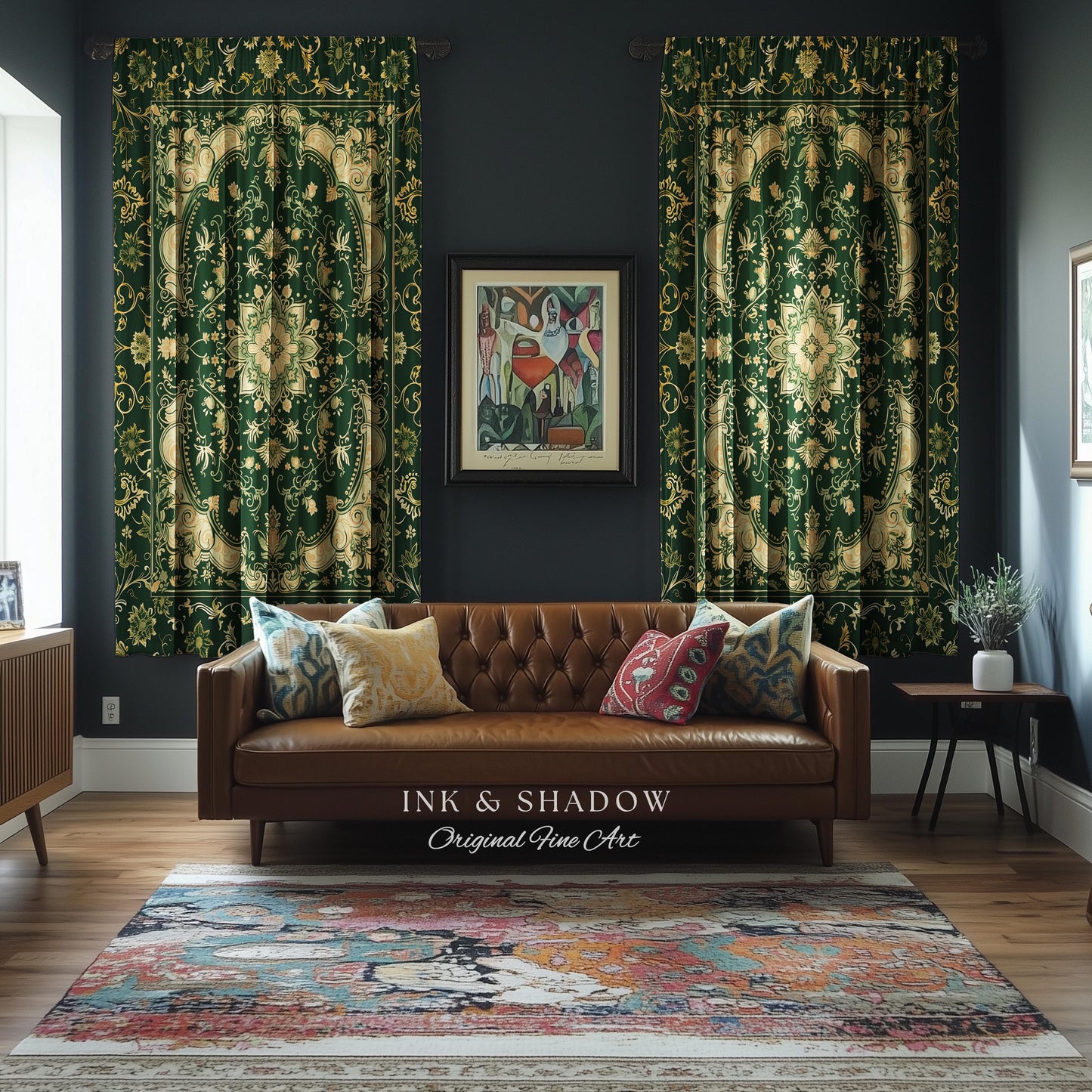 Gothic Baroque Emerald Curtain Panels | Enchanted Cottagecore Aesthetic Romantic Interior Style Soft Gothic Decor Baroque-Inspired Drapes |