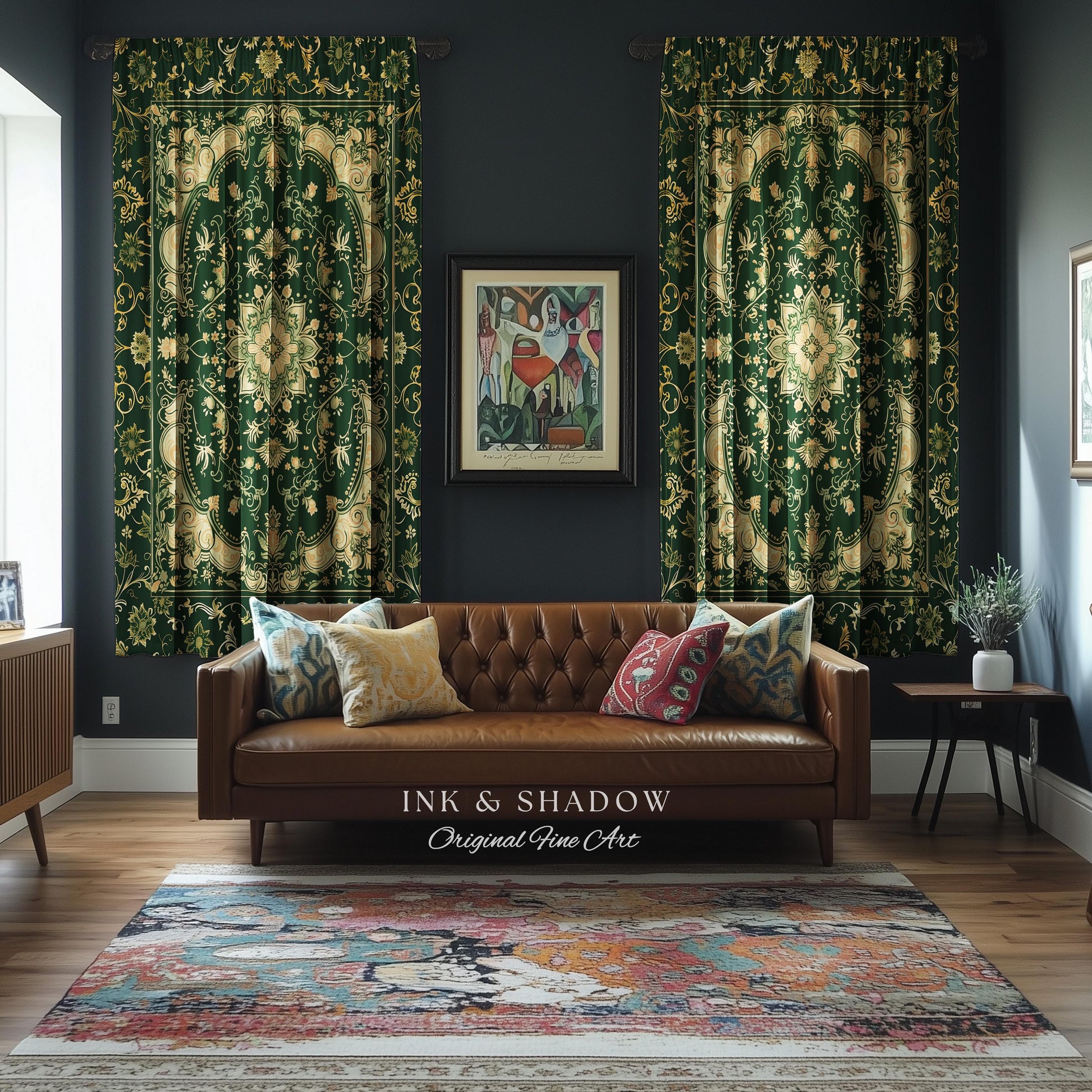 Gothic Baroque Emerald Curtain Panels | Enchanted Cottagecore Aesthetic Romantic Interior Style Soft Gothic Decor Baroque-Inspired Drapes |