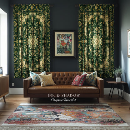 Gothic Baroque Emerald Curtain Panels | Enchanted Cottagecore Aesthetic Romantic Interior Style Soft Gothic Decor Baroque-Inspired Drapes |