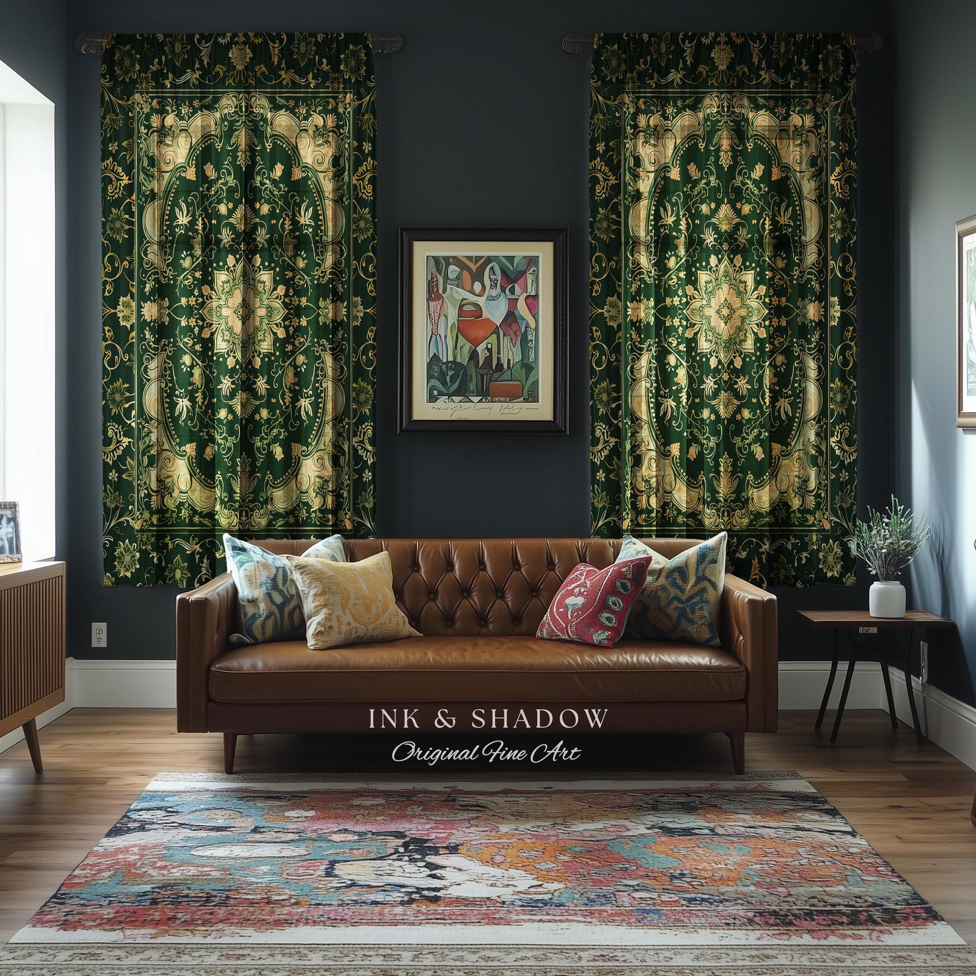 Gothic Baroque Emerald Curtain Panels | Enchanted Cottagecore Aesthetic Romantic Interior Style Soft Gothic Decor Baroque-Inspired Drapes |